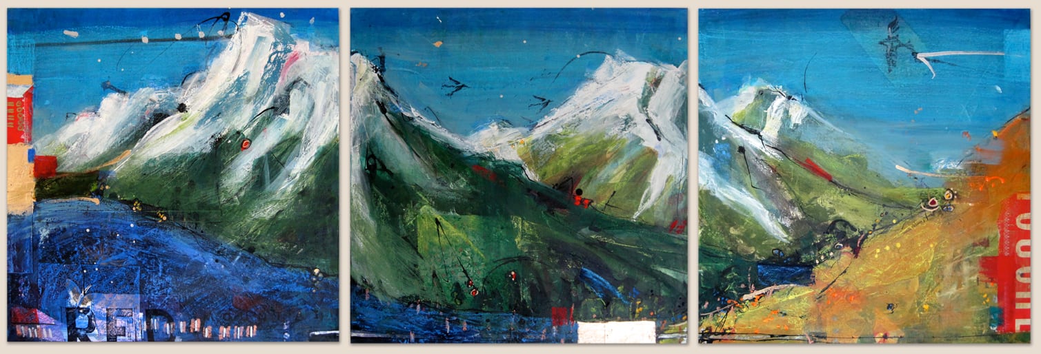 FREE, mixed media triptic on canvas, 62" x 20", Red Mountain Pass mountains ©Kellie Day