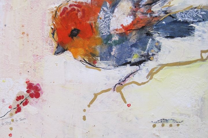 Fuzzy, mixed media bird painting on canvas, 20" x 20", © 2013, SOLD