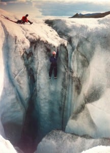 Ice climbing out of a moulan on the Root glacier when I was 25. My friend, Nelson, belaying.