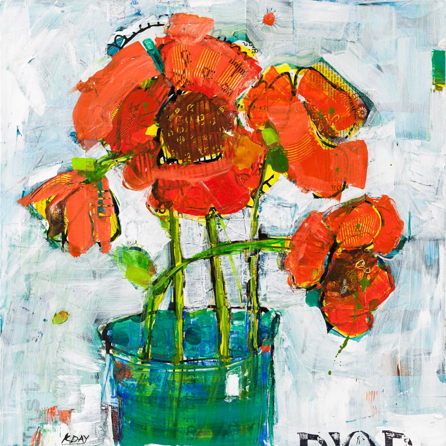 POP, mixed media poppies on canvas, 24" x 24", Available, © kellie day
