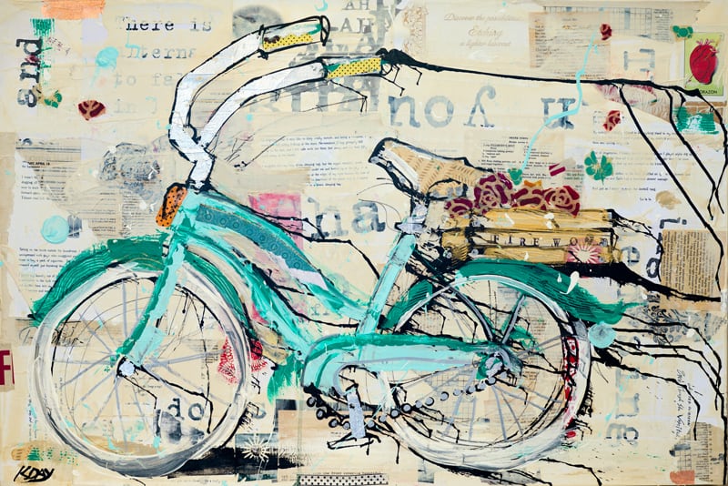 prune puffs, bicycle painting, mixed media bike © Kellie Day