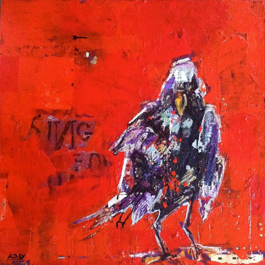 SING, mixed media raven on canvas, 30" x 30", by Kellie Day ©2014