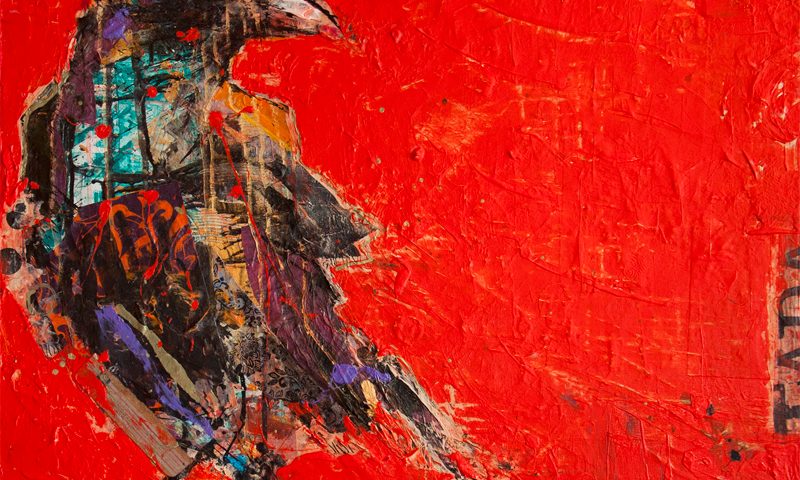 Tadasana Crow, mixed media raven painting ©Kellie Day