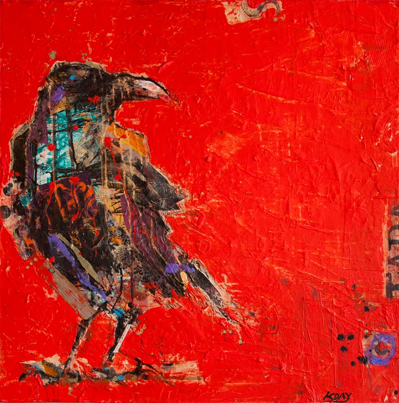 Tadasana Crow, mixed media raven painting ©Kellie Day