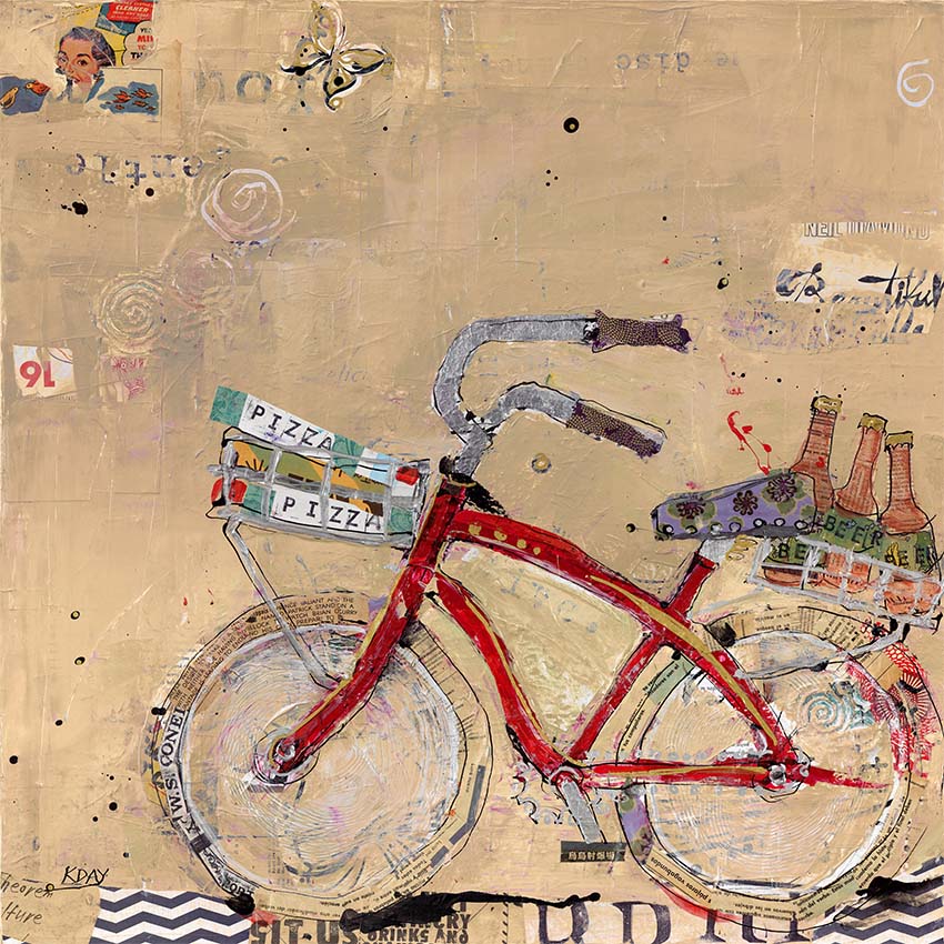 PIzza and Beer mixed media on canvas, 36" x 36", © Kellie Day