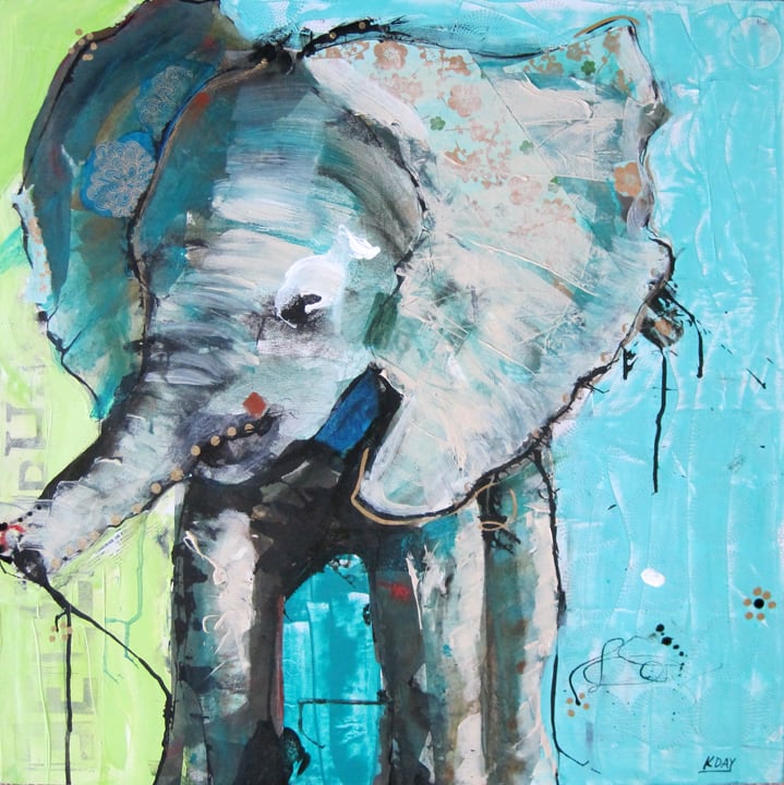 BABY elephant painting, mixed media on canvas print