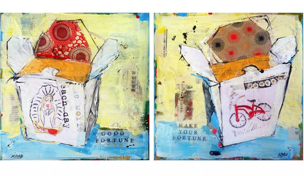 "Good Fortune" and "Make Your Fortune", each 12" x 12" mixed media pieces by Kellie Day, ©2014, Available