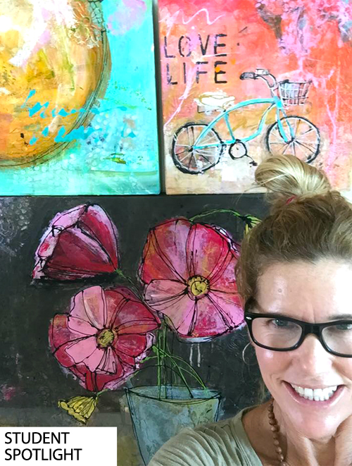 Carrie Cowan and one of her paintings from Pedal to Petal