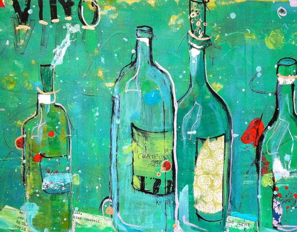 Vino Blanco, mixed media white wine painting on canvas ©Kellie Day