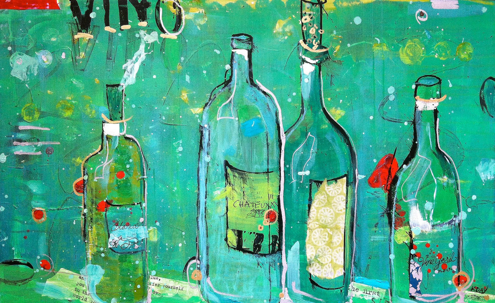 Vino Blanco, mixed media white wine painting on canvas ©Kellie Day