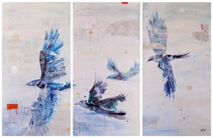 Winter Birds, mixed media bird painting on canvas ©Kellie Day