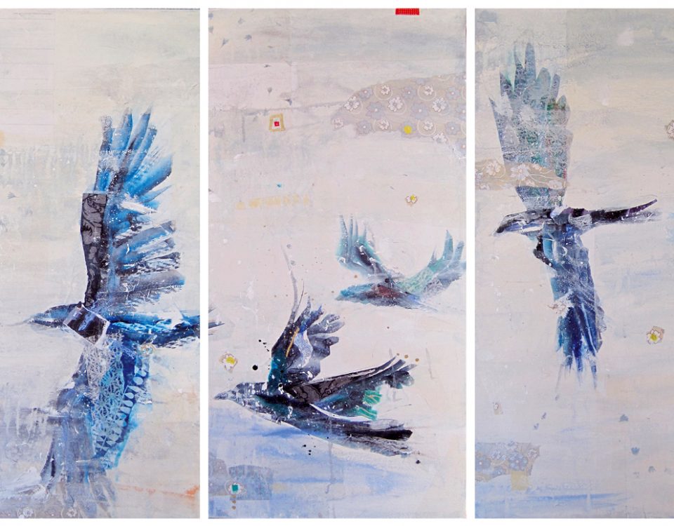 Winter Birds, mixed media bird painting on canvas ©Kellie Day