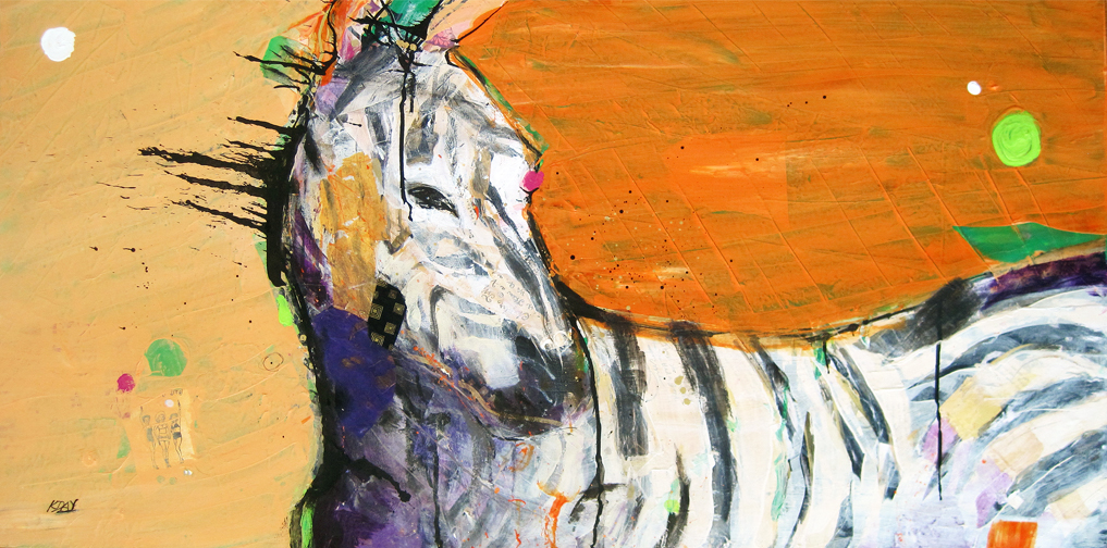 Zebra, mixed media on canvas by Kellie Day, 4ft x 2ft, © 2013